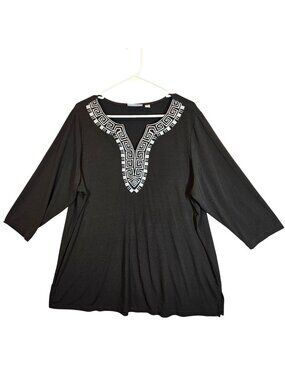 JM collections Black Embroidered V-Neck Top 3/4 Sleeve stretch business casual